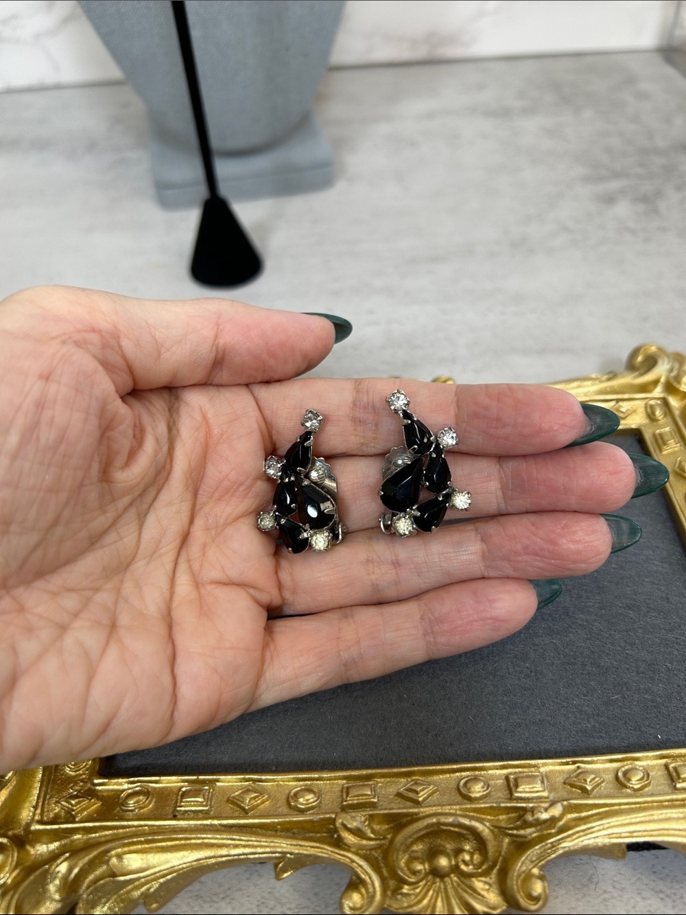 Vintage Elegant Black Crystal Cluster Clip-On Earrings